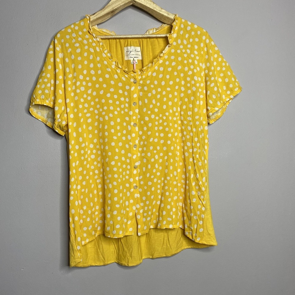Evy's Tree The Amber Yellow Polka Dot Ruffle Neck Button Up Blouse Women Size XL